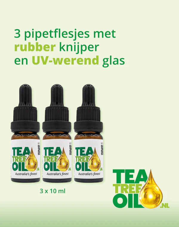 3 bruine flesjes trea tee olie met pipetje
